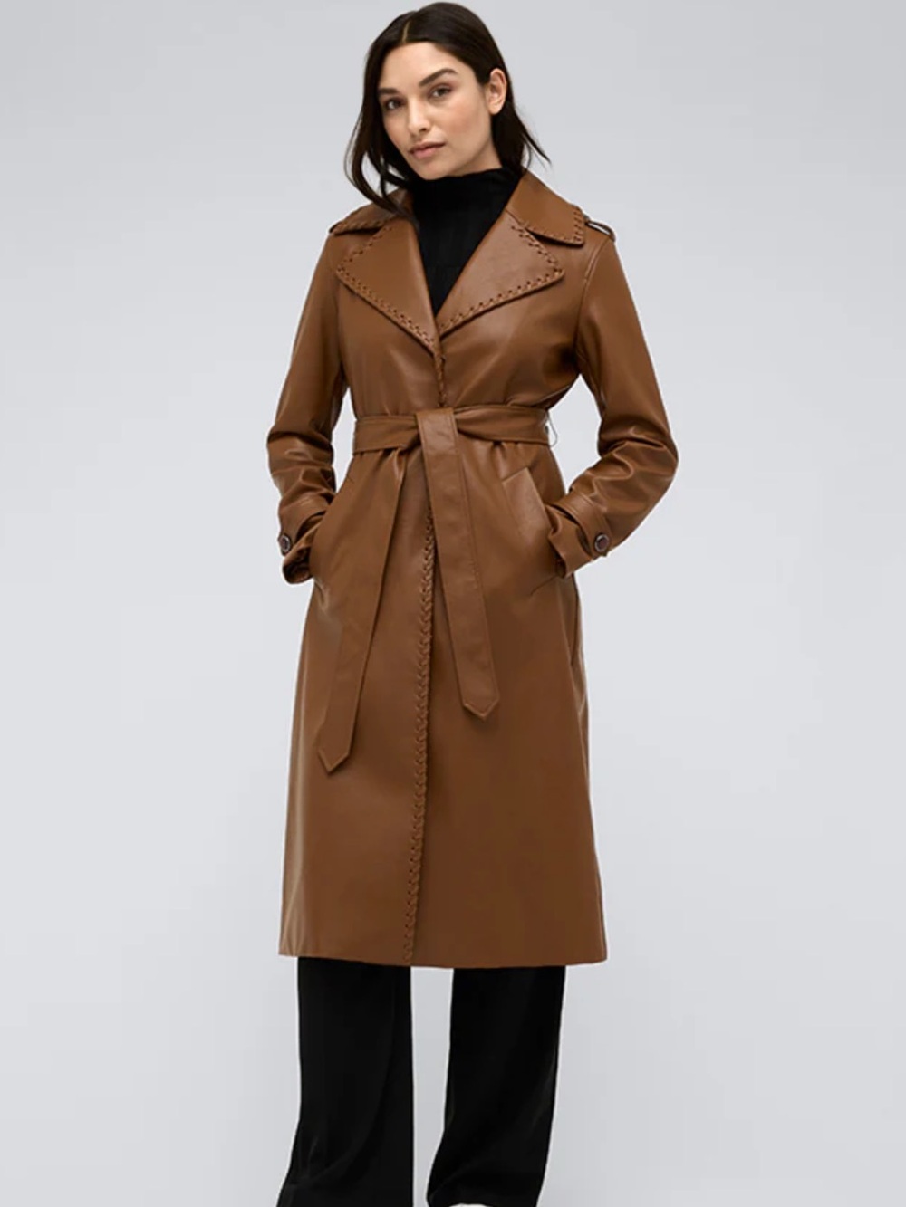 Kenneth Cole Faux Leather Belted Western Trench Coat